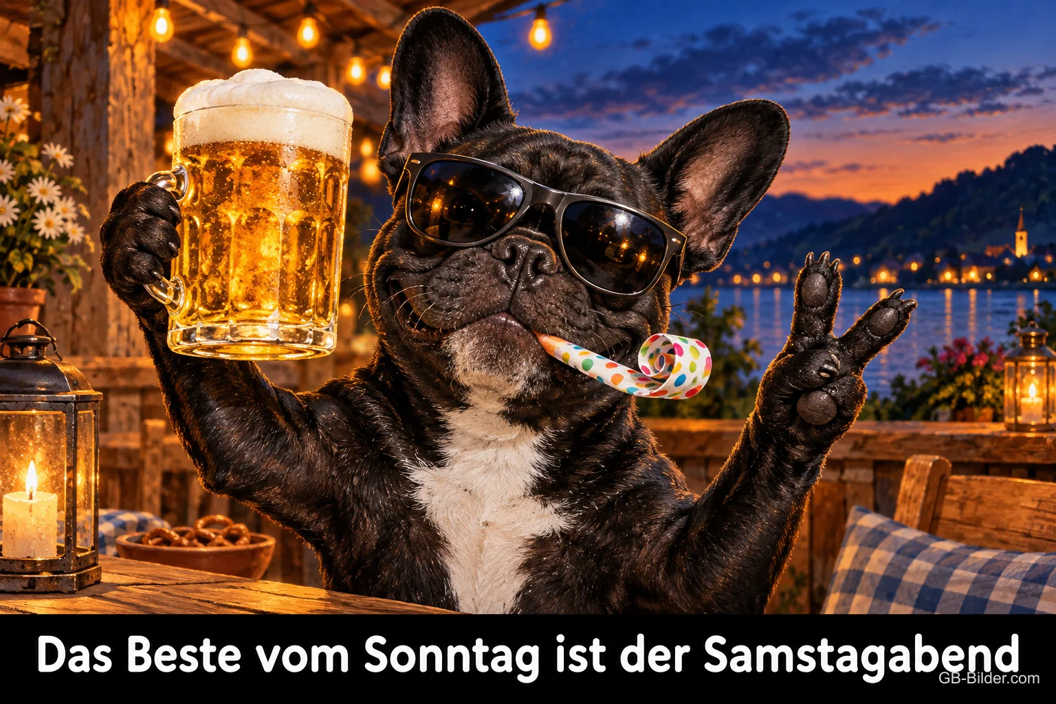 Französische Bulldogge mit Sonnenbrille, Bierkrug und Partytröte zeigt das Peace-Zeichen, Text: Das Beste vom Sonntag ist der Samstagabend