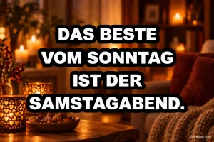 Kerzen in einem gemütlichen Wohnzimmer, Spruch: Das Beste vom Sonntag ist der Samstagabend.