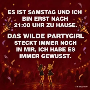 Zwei tanzende Frauen mit Konfetti, lustiger Spruch über das wilde Partygirl am Samstag