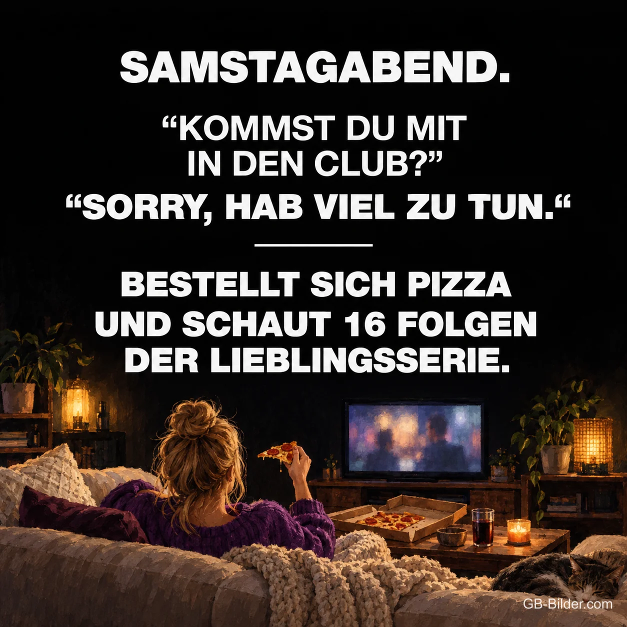 Frau mit Pizza vor dem Fernseher, lustiger Spruch über den Samstagabend