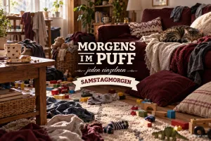 Unordentliches Wohnzimmer mit schlafender Katze, lustiger Spruch: Morgens im Puff – jeden einzelnen Samstagmorgen