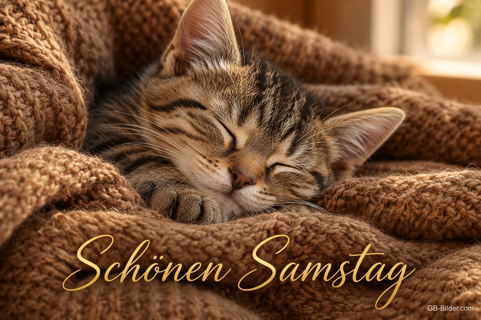 Schlafendes Kätzchen in Strickdecke, Text: Schönen Samstag Schlafendes Kätzchen in Strickdecke, Text: Schönen Samstag