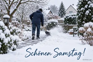 Mann schippt Schnee, Text: Schönen Samstag!