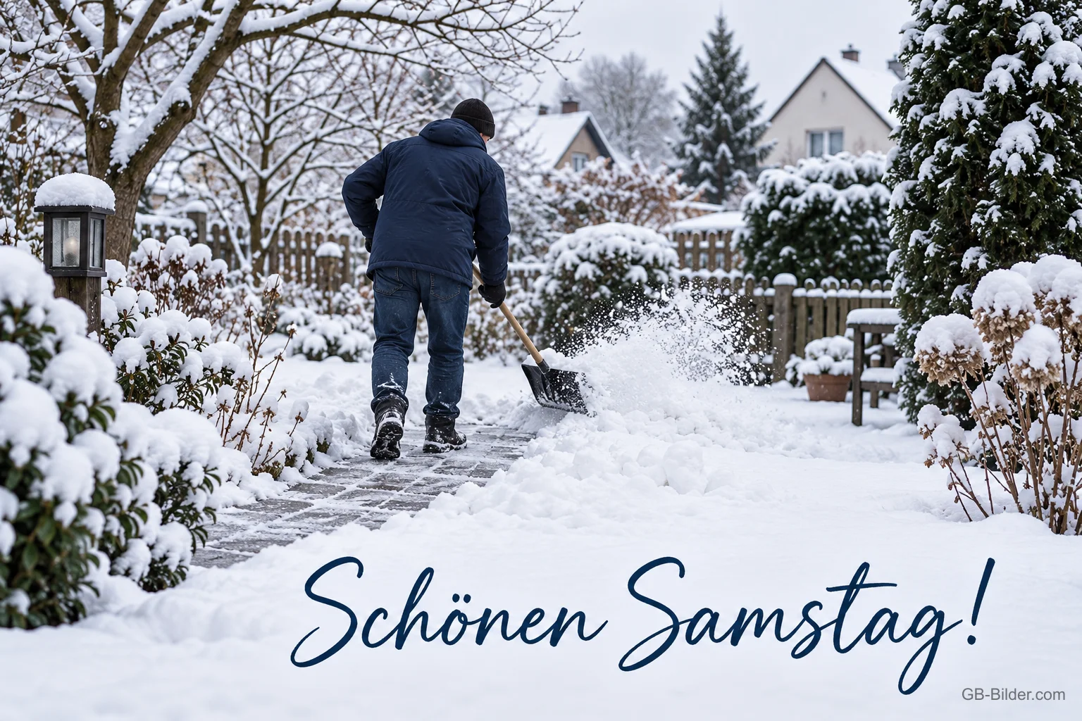 Mann schippt Schnee, Text: Schönen Samstag! Mann schippt Schnee, Text: Schönen Samstag!