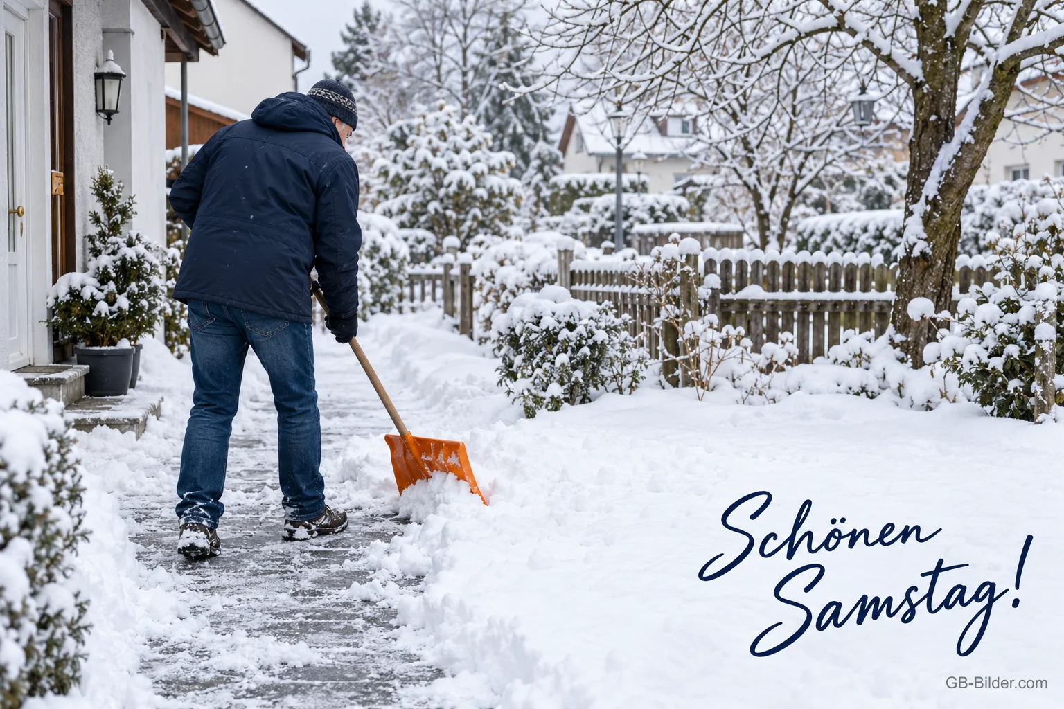 Mann schippt Schnee, Text: Schönen Samstag Mann schippt Schnee, Text: Schönen Samstag