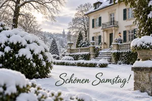 Verschneite Villa im Garten, Text: Schönen Samstag