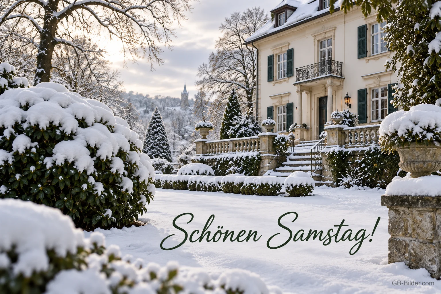 Verschneite Villa im Garten, Text: Schönen Samstag Verschneite Villa im Garten, Text: Schönen Samstag