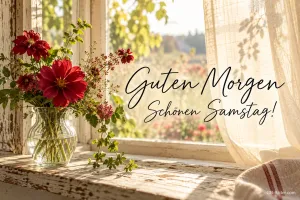 Rote Dahlien am Fenster, Text: Guten Morgen