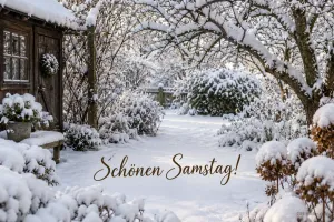 Verschneiter Garten, Text: Schönen Samstag