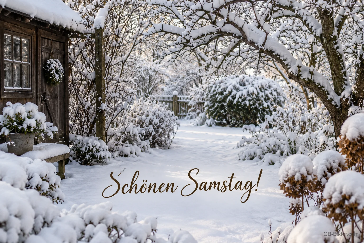 Verschneiter Garten, Text: Schönen Samstag Verschneiter Garten, Text: Schönen Samstag