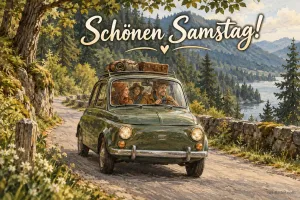 Grüner Kleinwagen mit Gepäck auf einer Bergstraße am See, Text: Schönen Samstag!