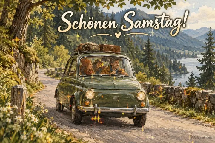 Grüner Kleinwagen mit Gepäck auf einer Bergstraße am See, Text: Schönen Samstag!