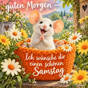 Weiße Maus sitzt lachend in einem orangen Strickkorb zwischen Margeriten, Text: guten Morgen – Ich wünsche dir einen schönen Samstag