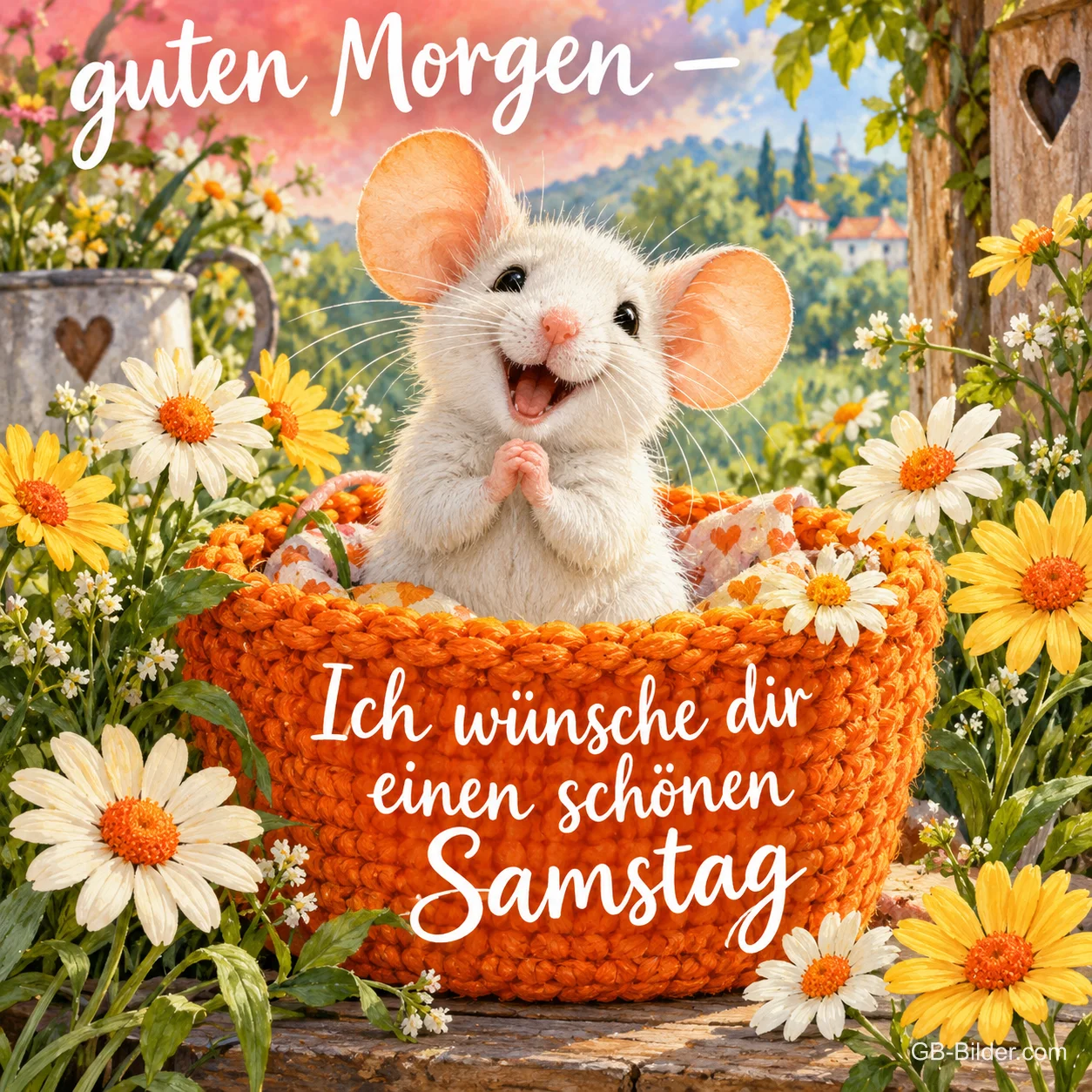 Weiße Maus sitzt lachend in einem orangen Strickkorb zwischen Margeriten, Text: guten Morgen – Ich wünsche dir einen schönen Samstag