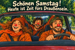 Drei lachende Freunde mit roten Clownsnasen fahren im Auto durch den Wald, Text: Schönen Samstag! Heute ist Zeit fürs Draußensein.