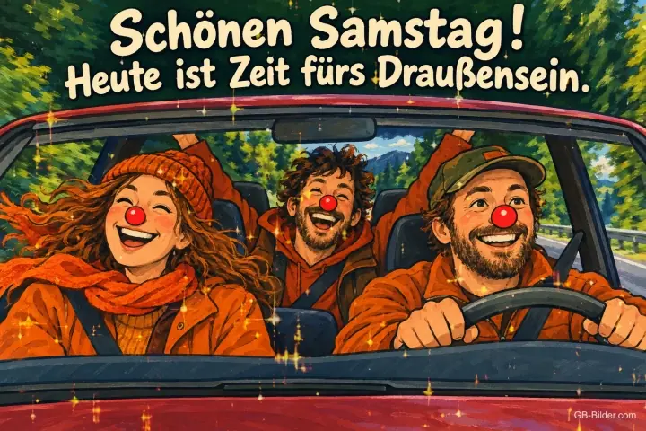 Drei lachende Freunde mit roten Clownsnasen fahren im Auto durch den Wald, Text: Schönen Samstag! Heute ist Zeit fürs Draußensein.