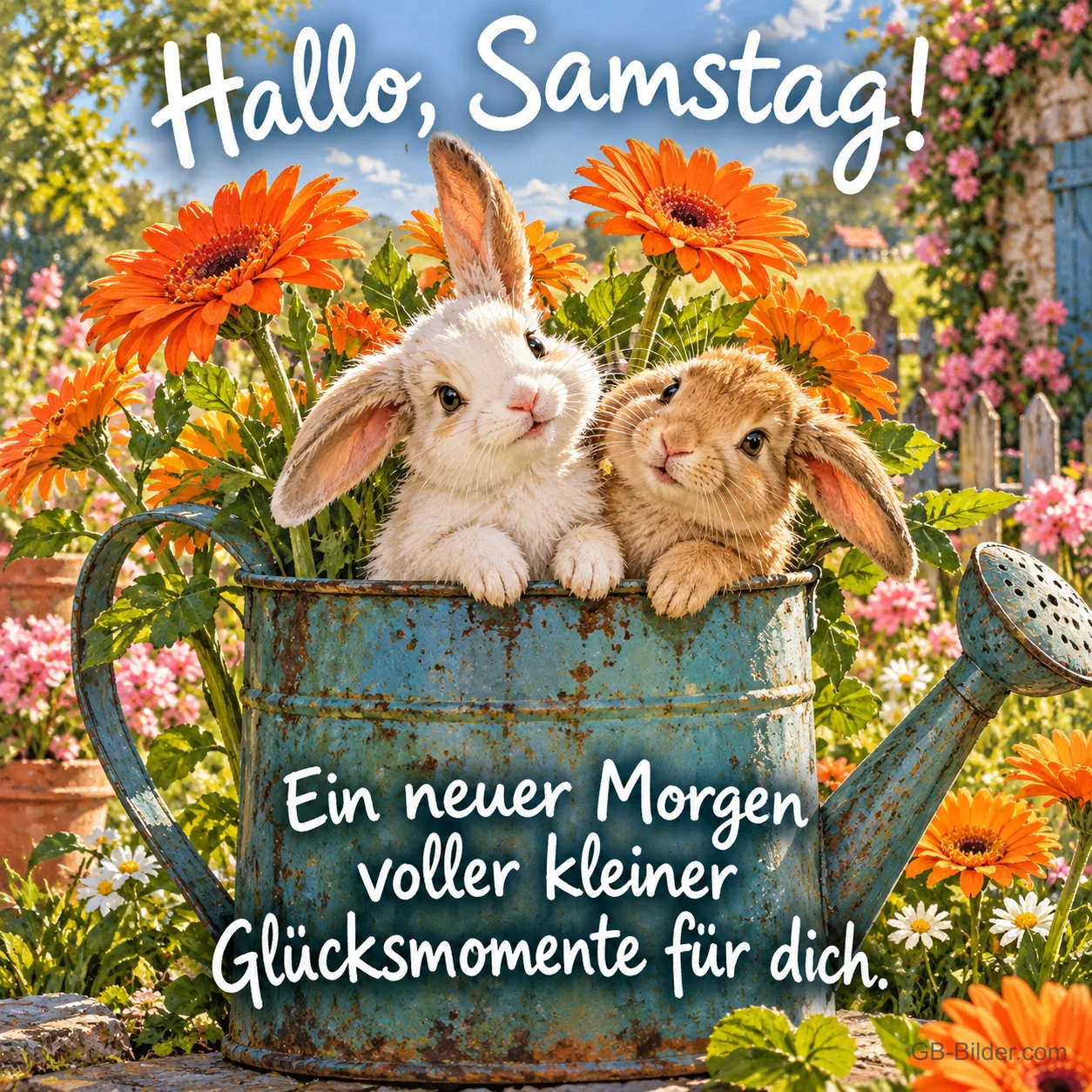Zwei Häschen schauen aus einer Gießkanne voller oranger Gerbera, Text: Hallo, Samstag! Ein neuer Morgen voller kleiner Glücksmomente für dich.