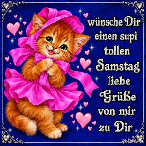 Rotes Kätzchen mit pinkem Hut und Kleid zwischen Herzen, Text: wünsche Dir einen supi tollen Samstag liebe Grüße von mir zu Dir