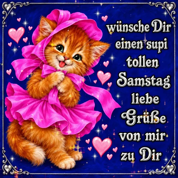Rotes Kätzchen mit pinkem Hut und Kleid zwischen Herzen, Text: wünsche Dir einen supi tollen Samstag liebe Grüße von mir zu Dir