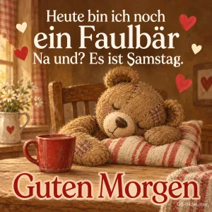 Teddybär schläft am Frühstückstisch neben einer Tasse, Text: Heute bin ich noch ein Faulbär. Na und? Es ist Samstag. Guten Morgen