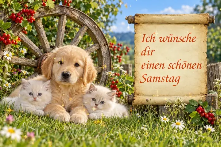 Golden-Retriever-Welpe mit zwei Kätzchen vor einem Wagenrad, Text: Ich wünsche dir einen schönen Samstag