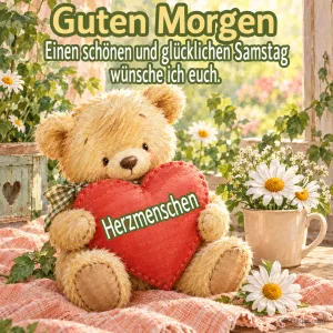 Teddybär hält ein rotes Herz neben Margeriten, Text: Guten Morgen – Einen schönen und glücklichen Samstag wünsche ich euch. Herzmenschen