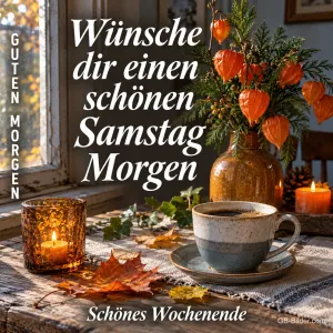 Kaffeetasse und Windlicht neben Lampionblumen am Fenster, Text: GUTEN MORGEN – Wünsche dir einen schönen Samstag Morgen – Schönes Wochenende