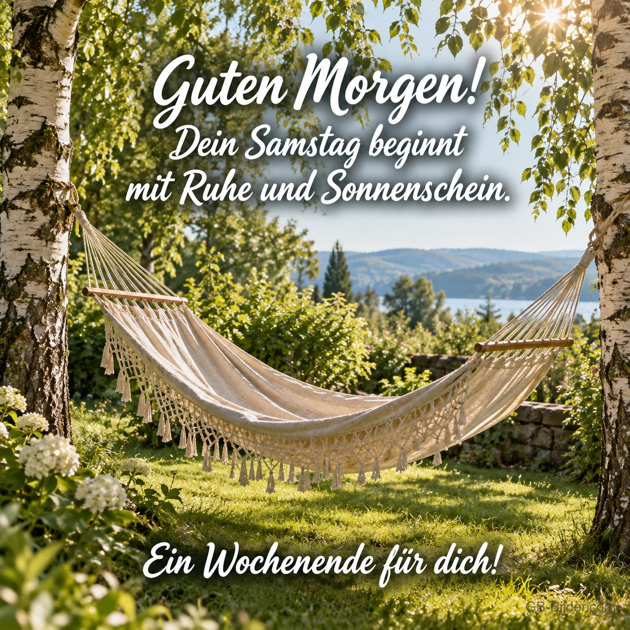 Hängematte zwischen Birken mit Blick auf einen See, Text: Guten Morgen! Dein Samstag beginnt mit Ruhe und Sonnenschein. Ein Wochenende für dich!