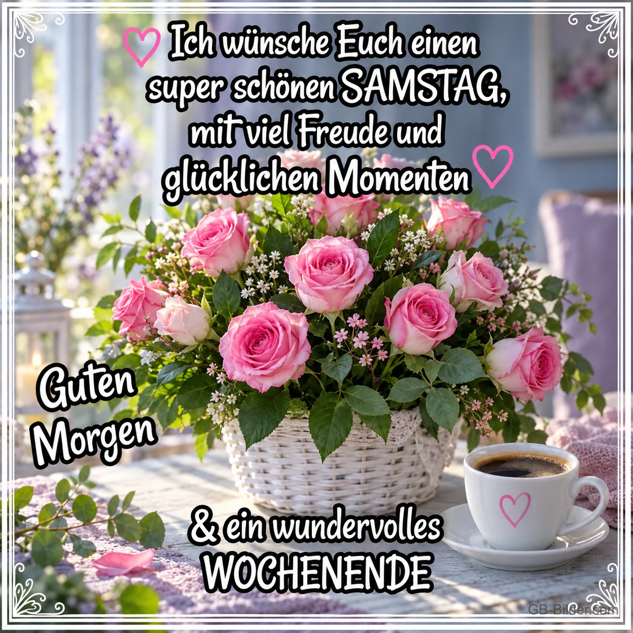 Korb mit rosa Rosen neben einer Kaffeetasse, Text: Ich wünsche Euch einen super schönen SAMSTAG, mit viel Freude und glücklichen Momenten. Guten Morgen & ein wundervolles WOCHENENDE