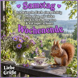 Eichhörnchen neben Teetasse und Astern auf einem Balkongeländer, Text: Samstag – Ich wünsche Euch einen richtig tollen Tag, mit vielen glücklichen Momenten & ein super schönes Wochenende. Liebe Grüße