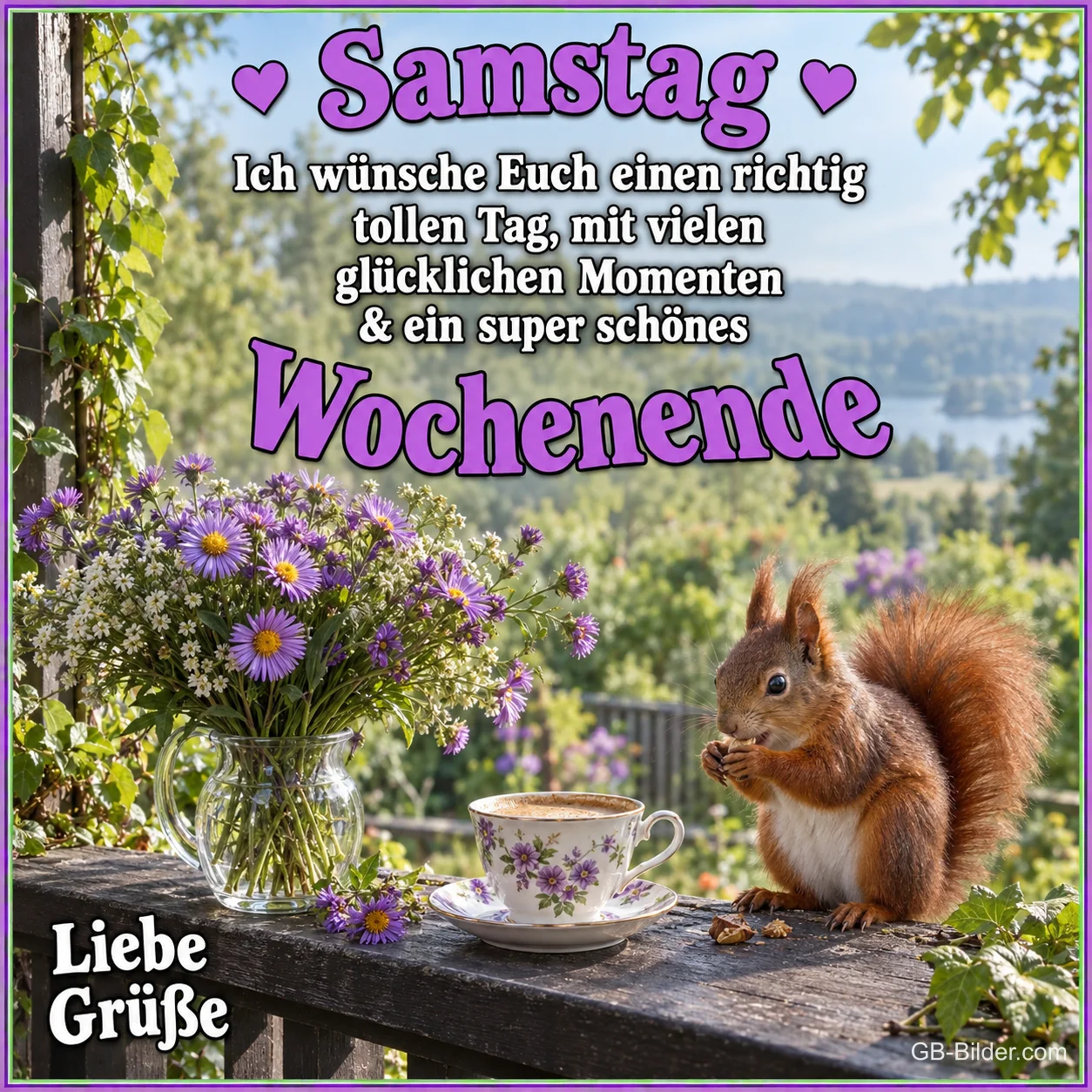 Eichhörnchen neben Teetasse und Astern auf einem Balkongeländer, Text: Samstag – Ich wünsche Euch einen richtig tollen Tag, mit vielen glücklichen Momenten & ein super schönes Wochenende. Liebe Grüße