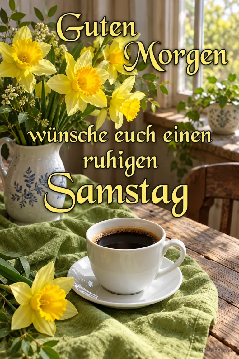 Kaffeetasse neben gelben Narzissen auf grünem Tuch, Text: Guten Morgen – wünsche euch einen ruhigen Samstag