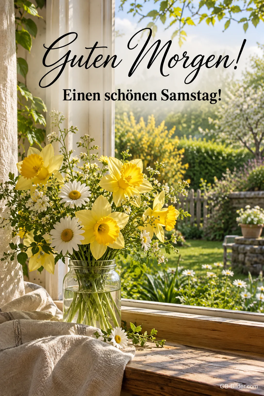 Narzissen und Margeriten in einem Glas am offenen Fenster, Text: Guten Morgen! Einen schönen Samstag!