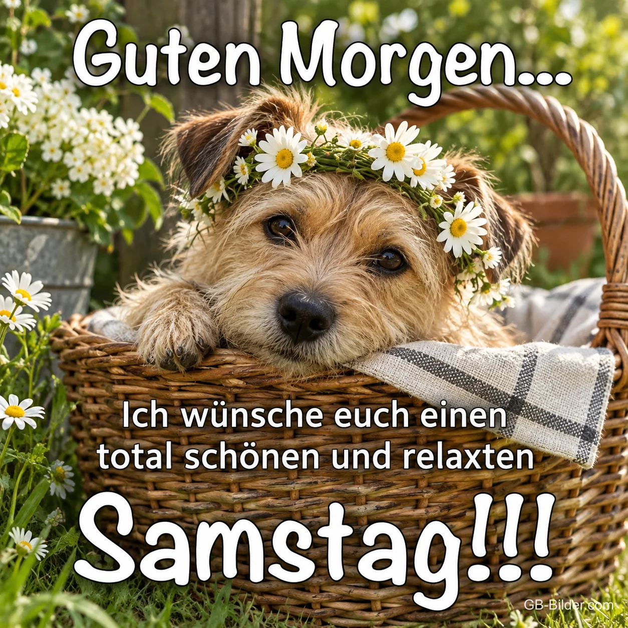 Terrier mit Gänseblümchenkranz liegt in einem Weidenkorb, Text: Guten Morgen… Ich wünsche euch einen total schönen und relaxten Samstag!!!