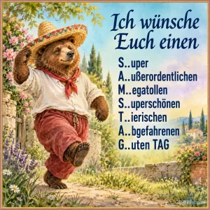 Bär mit Sombrero und Halstuch tanzt durch einen Garten, Text: Ich wünsche Euch einen S..uper A..ußerordentlichen M..egatollen S..uperschönen T..ierischen A..bgefahrenen G..uten TAG
