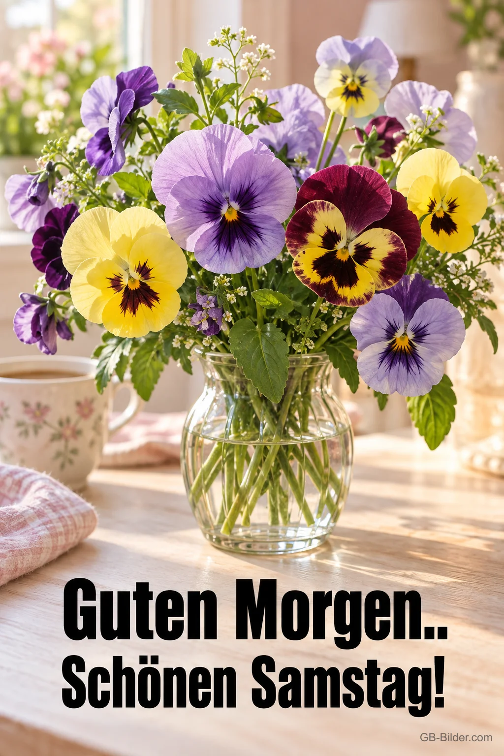 Stiefmütterchen in einer Glasvase am Fenster, Text: Guten Morgen.. Schönen Samstag!