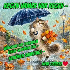 Katze mit Regenschirm und Herbstlaub läuft durch den Regen, Text: REGEN IMMER NUR REGEN – WÜNSCHE DIR TROTZDEM EINEN SCHÖNEN TAG – SCHÖNEN SAMSTAG! – LIEBE GRÜSSE