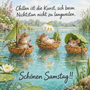 Drei Mäuse treiben in Nussschalen auf einem Teich, Text: Chillen ist die Kunst, sich beim Nichtstun nicht zu langweilen. Schönen Samstag!!