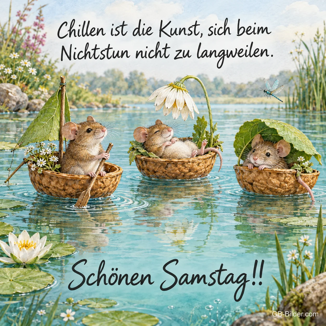 Drei Mäuse treiben in Nussschalen auf einem Teich, Text: Chillen ist die Kunst, sich beim Nichtstun nicht zu langweilen. Schönen Samstag!!