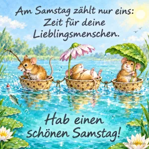 Drei Mäuse treiben in Nussschalenbooten auf einem See, eine angelt, Text: Am Samstag zählt nur eins: Zeit für deine Lieblingsmenschen. Hab einen schönen Samstag!