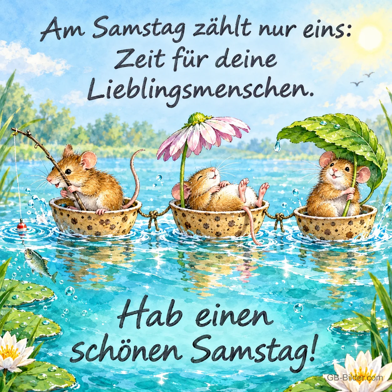 Drei Mäuse treiben in Nussschalenbooten auf einem See, eine angelt, Text: Am Samstag zählt nur eins: Zeit für deine Lieblingsmenschen. Hab einen schönen Samstag!