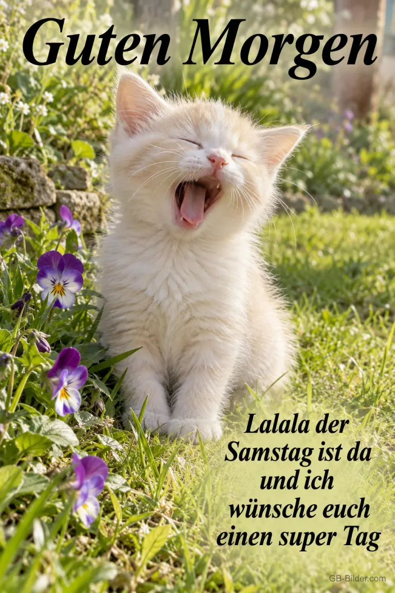 Weißes Kätzchen singt mit offenem Mund auf einer Wiese, Text: Guten Morgen – Lalala der Samstag ist da und ich wünsche euch einen super Tag