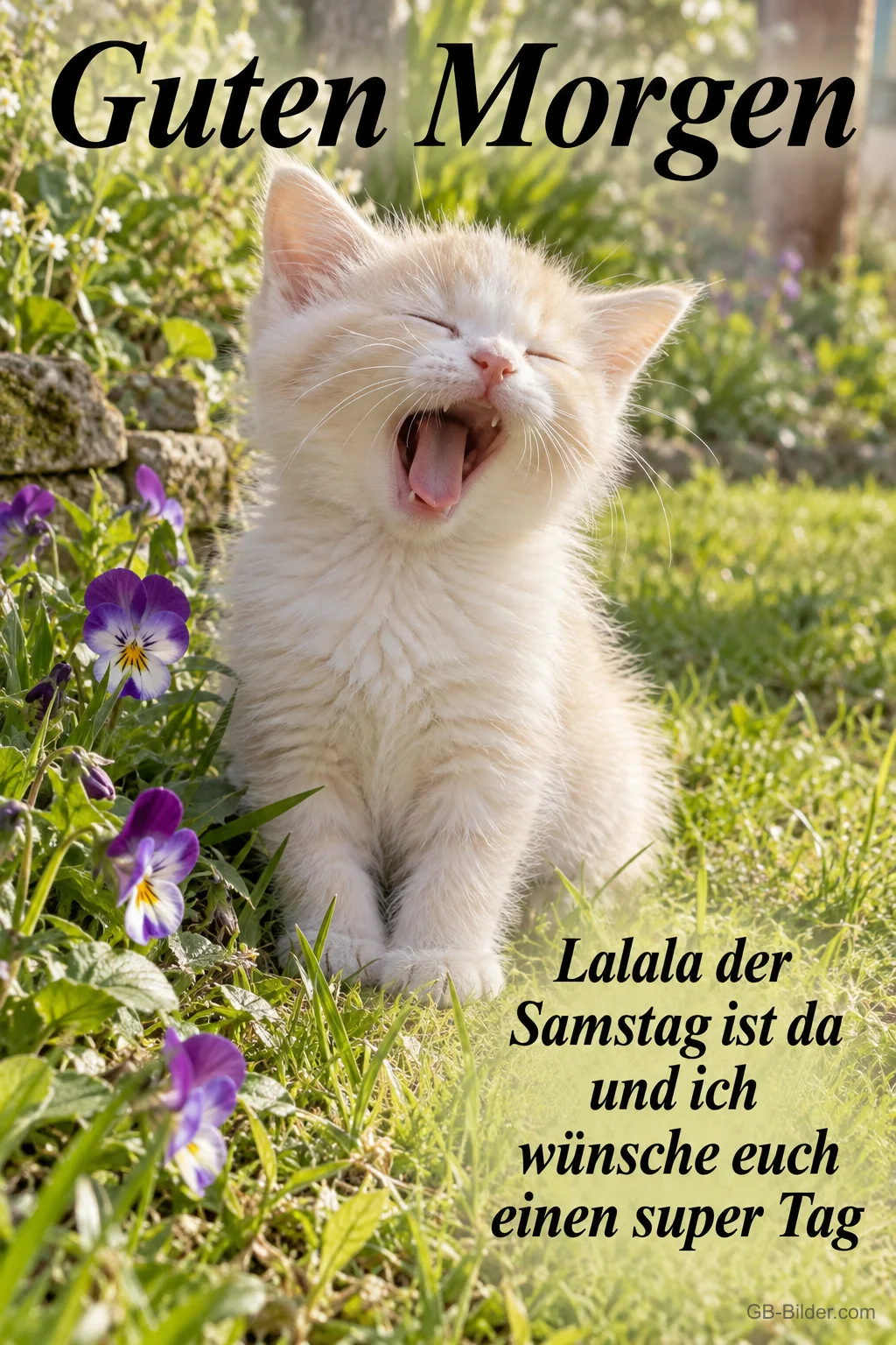 Weißes Kätzchen singt mit offenem Mund auf einer Wiese, Text: Guten Morgen – Lalala der Samstag ist da und ich wünsche euch einen super Tag