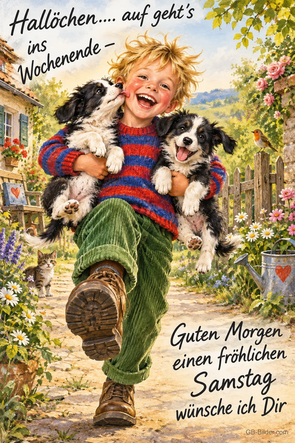 Lachender Junge trägt zwei Border-Collie-Welpen durch einen Garten, Text: Hallöchen…. auf geht’s ins Wochenende – Guten Morgen einen fröhlichen Samstag wünsche ich Dir