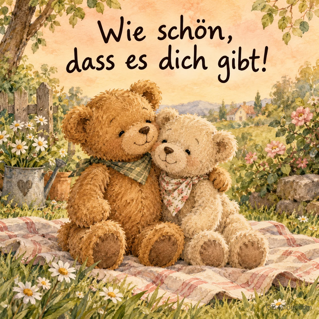 Zwei kuschelnde Teddybären, Text: Wie schön, dass es dich gibt!