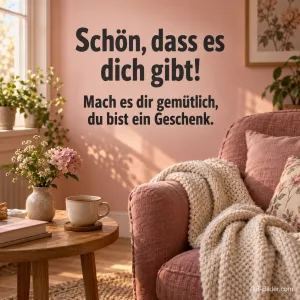 Gemütlicher Sessel mit Decke, Text: Schön, dass es dich gibt!