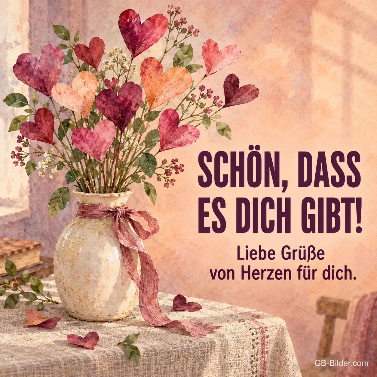 Strauß aus Papierherzen, Text: Schön, dass es dich gibt!