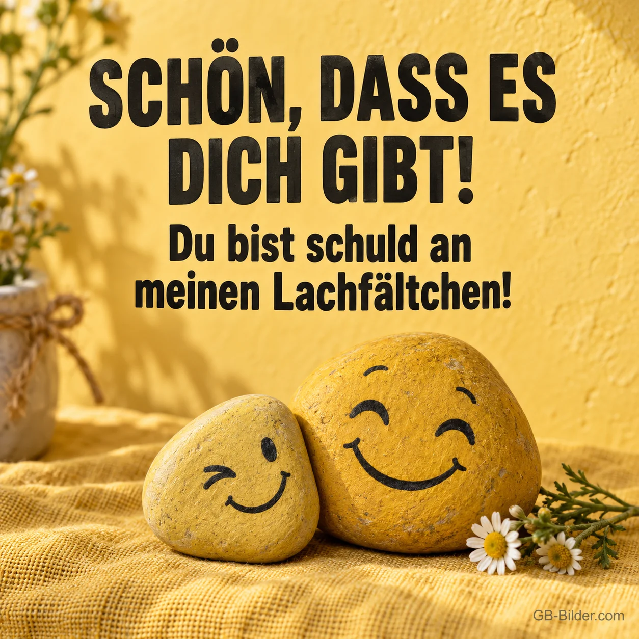 Gelbe Steine mit Lachgesichtern, lustiger Text: Schön, dass es dich gibt!