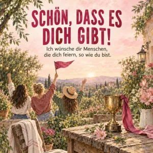 Jubelnde Freundinnen auf einer Terrasse, Text: Schön, dass es dich gibt!