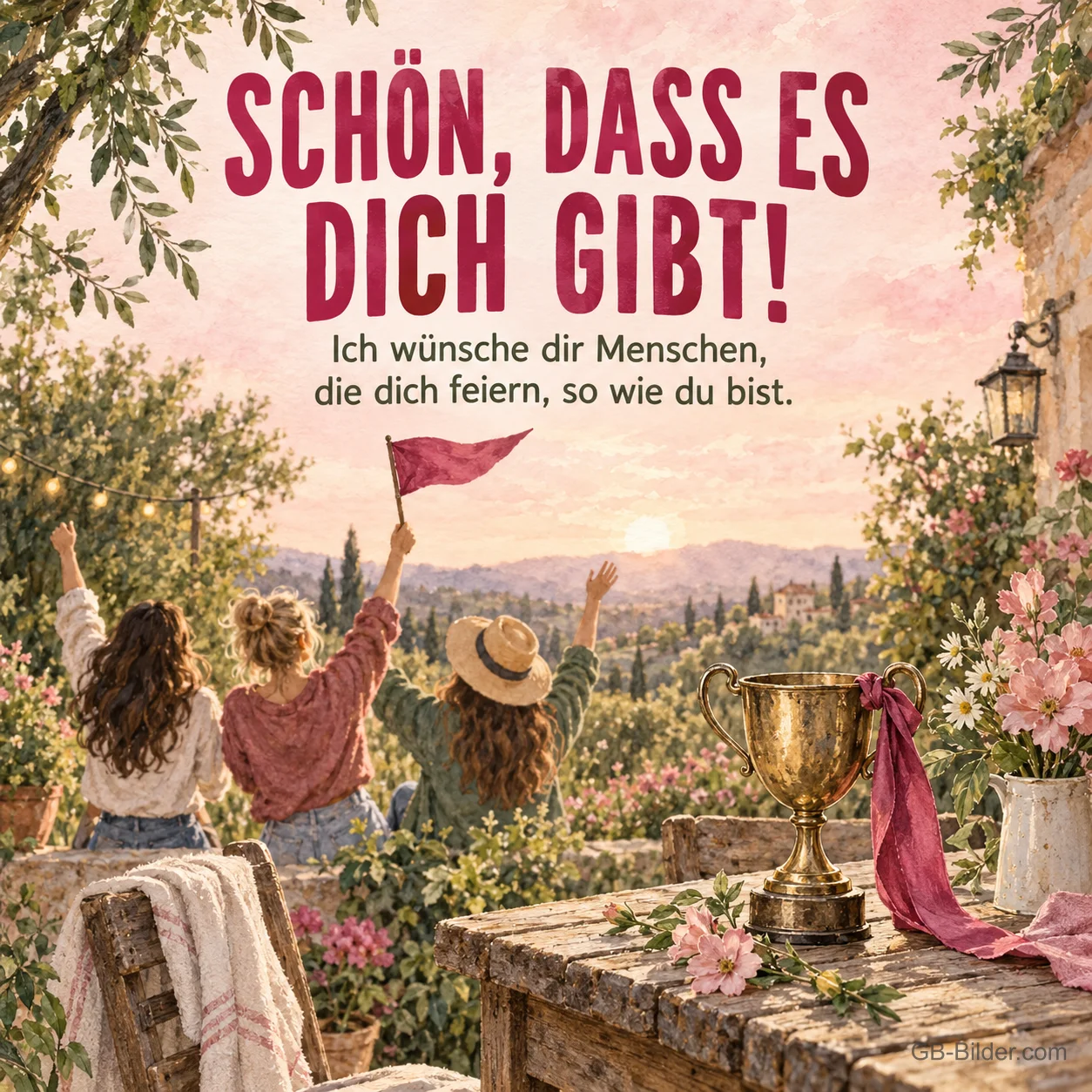 Jubelnde Freundinnen auf einer Terrasse, Text: Schön, dass es dich gibt!